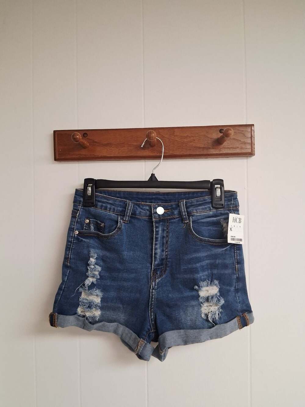 Dark Wash Distressed High Waisted Rolled Cuff Denim Shorts